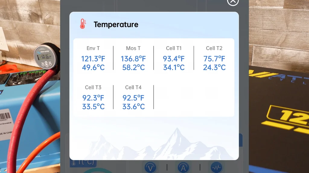 Battery monitor app showing thermal readings