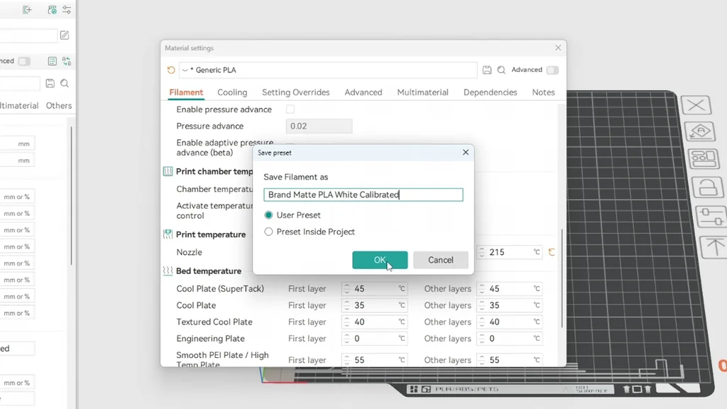 Saving 3D printer filament profile in slicer