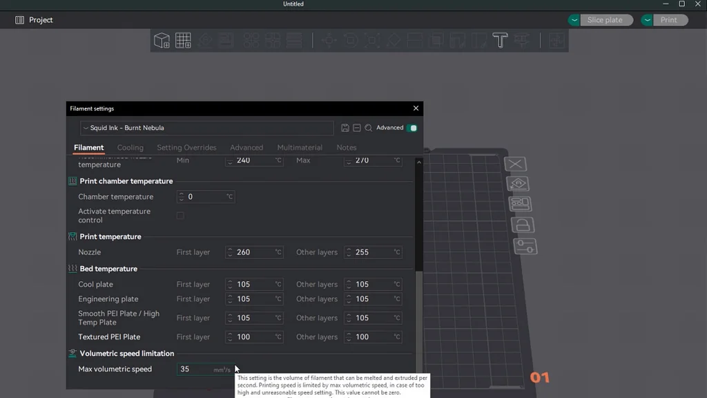 Slicing software settings view