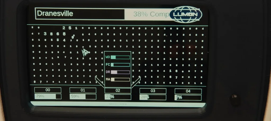 Close-up of the retro UI on the screen
