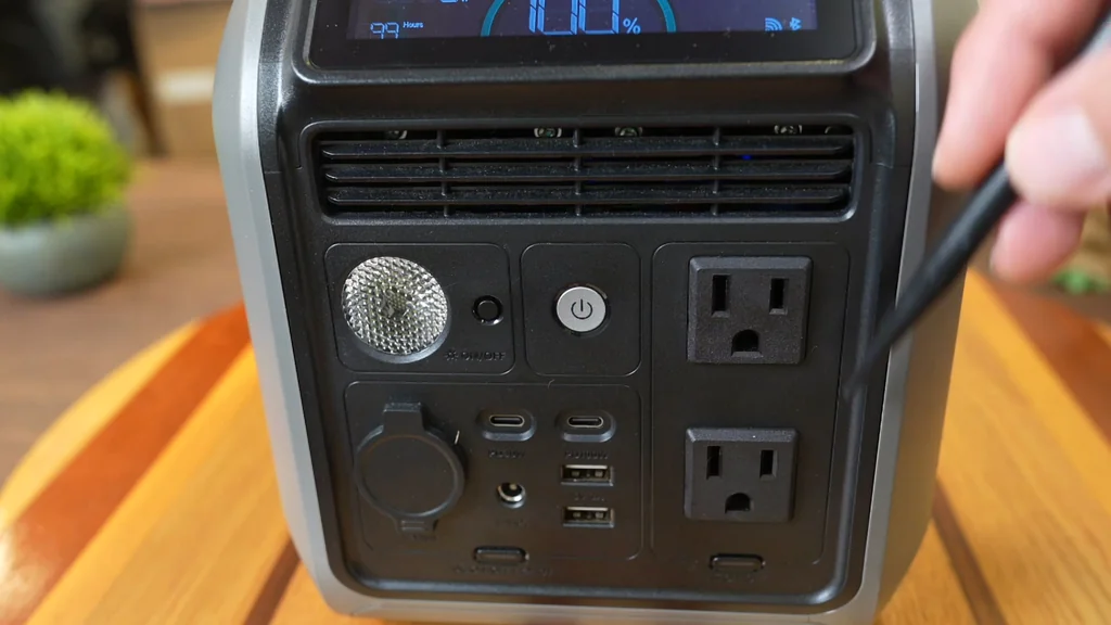 Close-up of front DC and AC ports