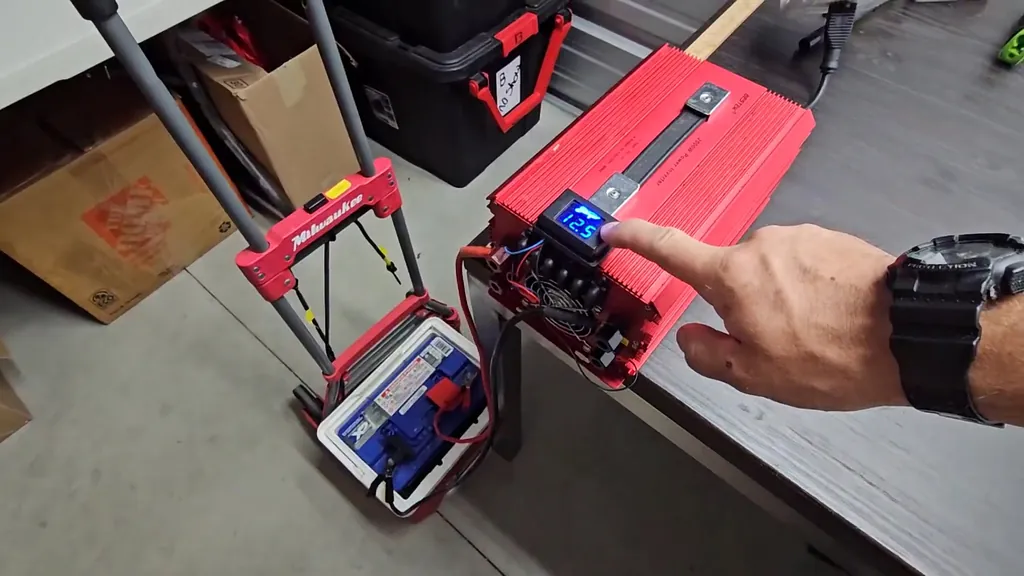 Rear view of the Bestek 2000W inverter showing the three AC outlets and status light.