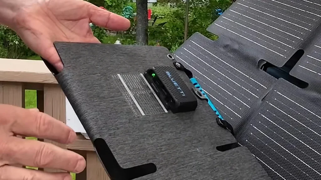 Close-up of the solar panel output ports