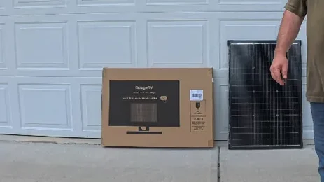 Close-up of the new BougeRV solar panel labels and connectors