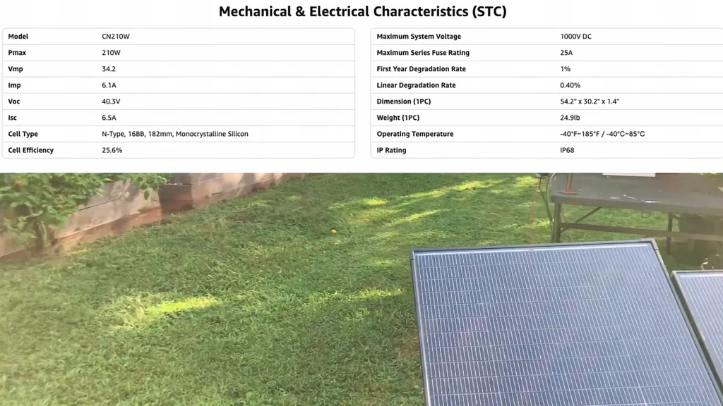 Solar panel specifications table showing technical data
