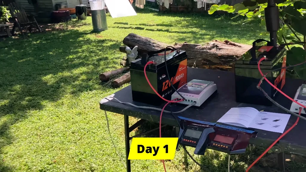 Portable solar power setup with panels in full sun
