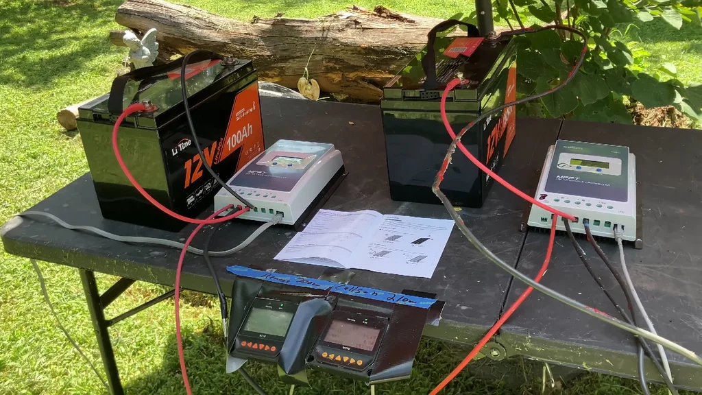 Portable solar power setup showing power readings