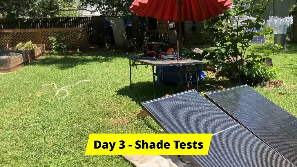 Two solar panels being tested with a simulated shade board