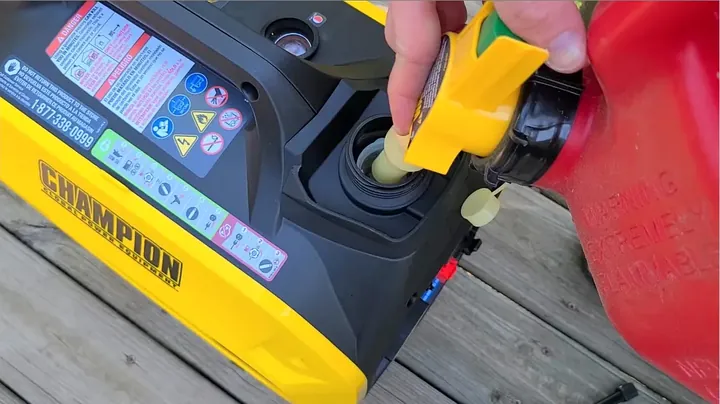 Pouring fuel from red gas can into top tank opening with mechanical float gauge