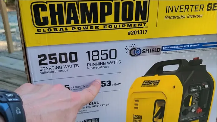 Product packaging box detailing 2500 starting watts and 1850 running watts