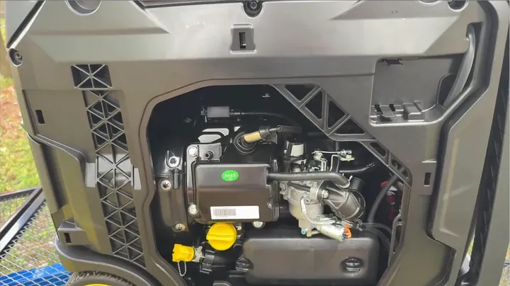 Close-up view of inverter generator structural frame and engine bay