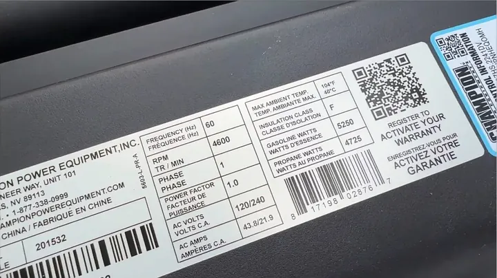 Close-up of fuel efficiency and power specification label on generator frame