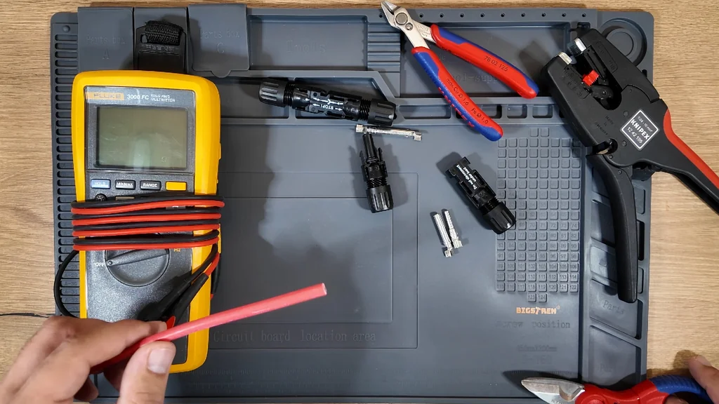 Close-up of double insulated solar cable and metal contacts