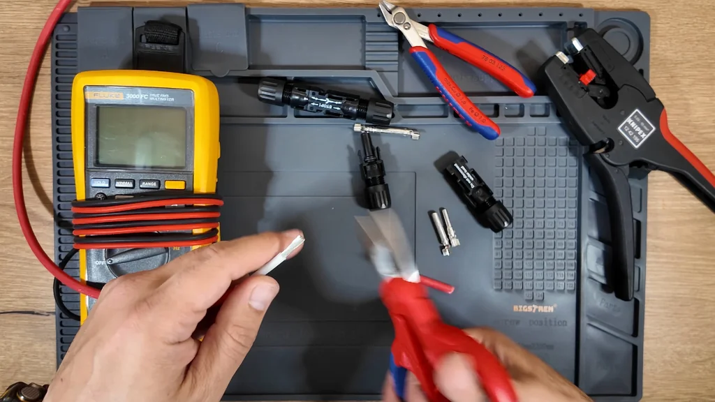 Red solar cable being measured for cutting