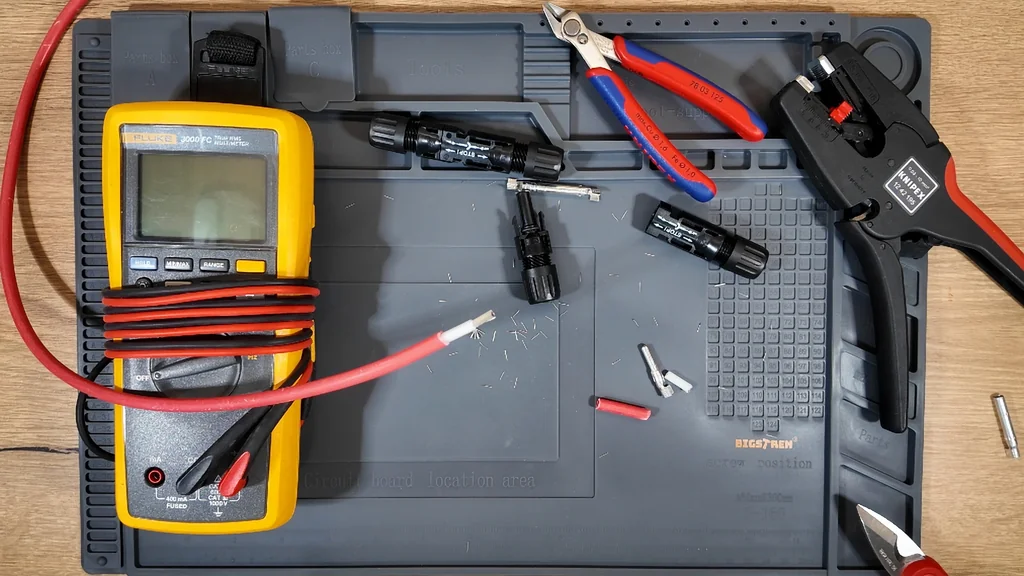 Wire stripper tool removing insulation from solar cable