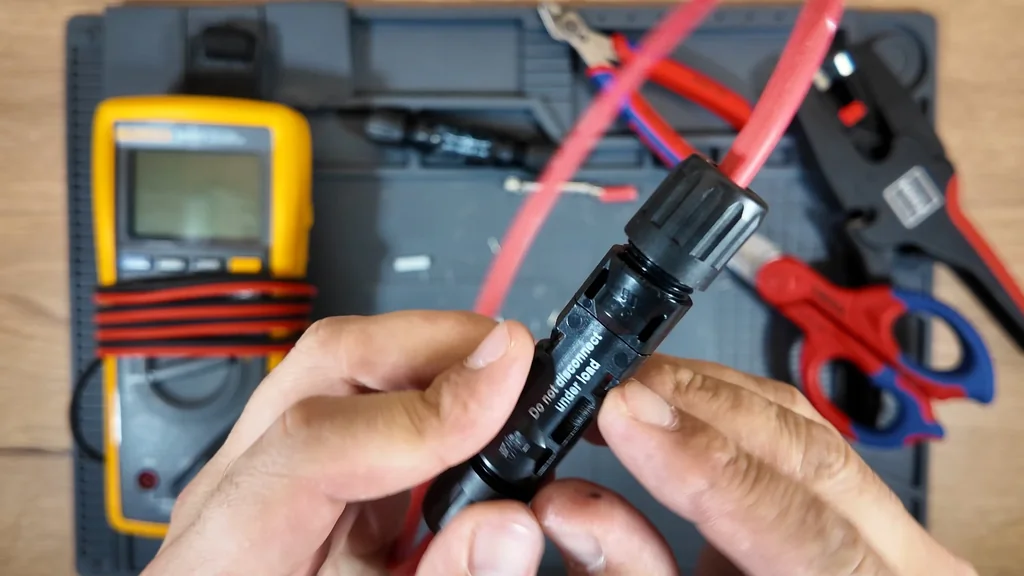 Crimped wire being inserted into the female MC4 housing