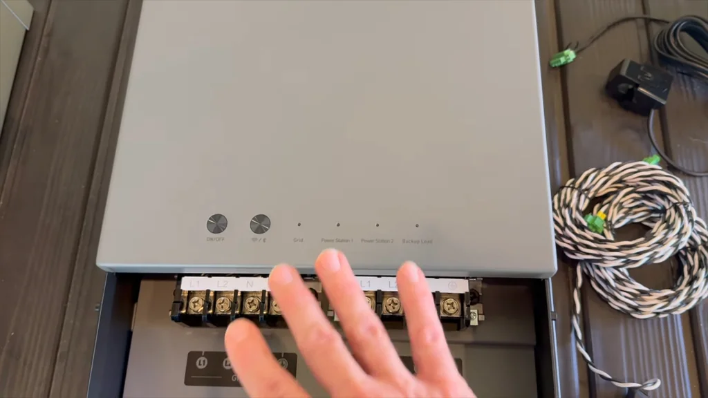 Close up of the Anker Solix home power panel terminal connections