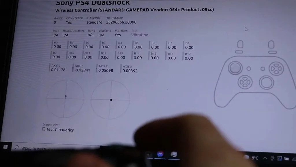 PS4 controller diagnostic screen