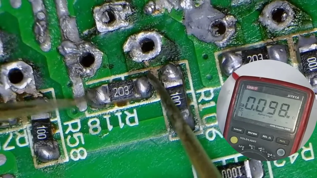 Measuring PCB with multimeter after repair