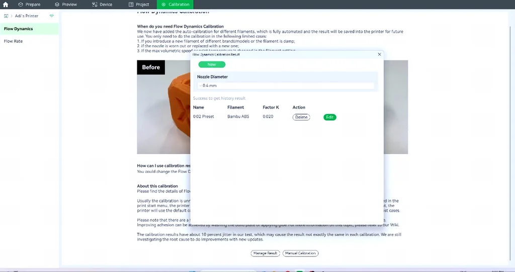 Flow Dynamics Calibration software menu