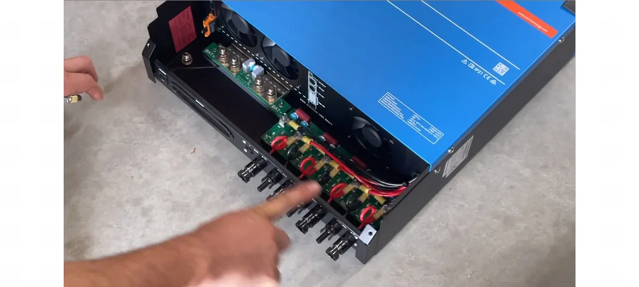 Close-up of the internal wiring and terminal blocks