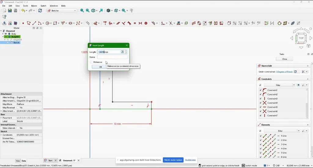 FreeCAD software with length input