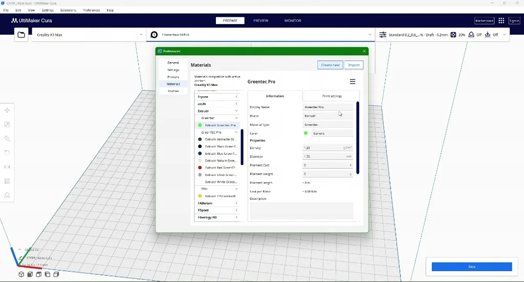 Ultimaker Cura material settings