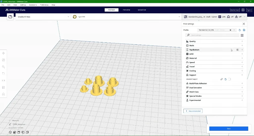 Ultimaker Cura preparing bushings for print