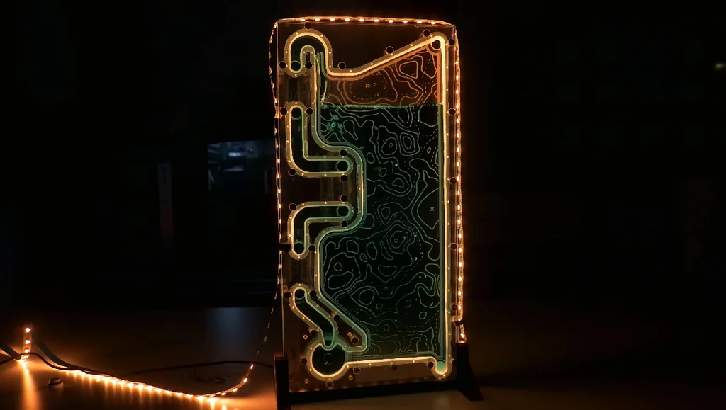 Illuminated custom liquid cooling manifold in dark