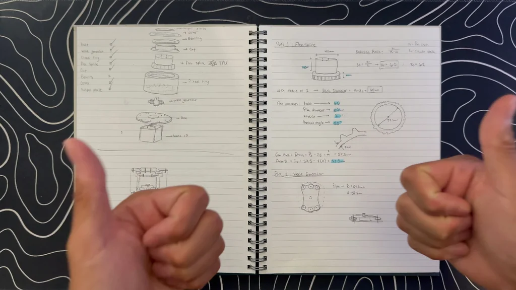 Engineering sketches in a notebook