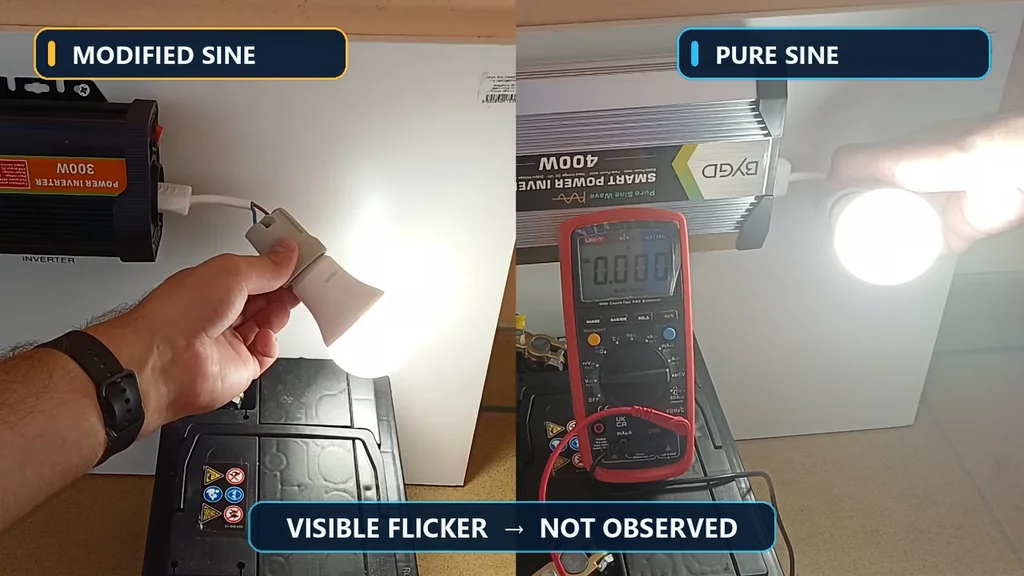 LED bulb flicker comparison between modified and pure sine