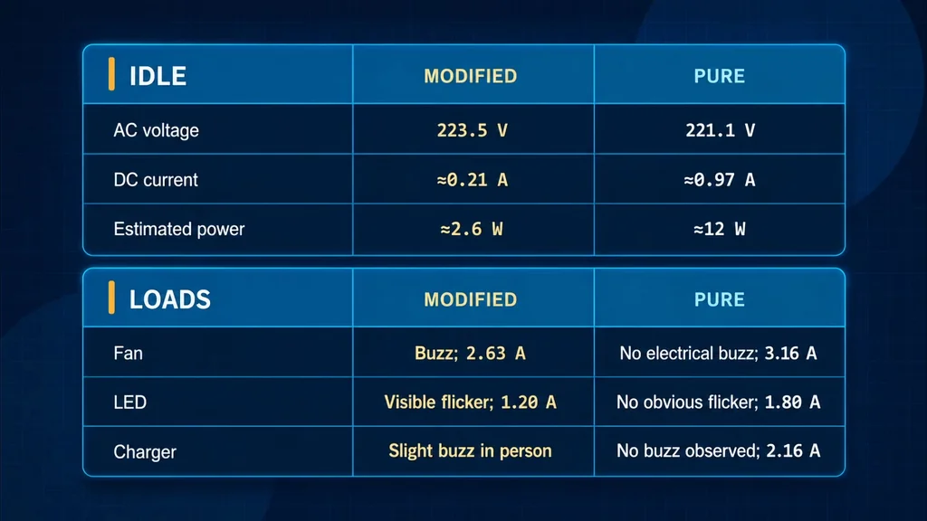 Inverter comparison table showing idle and load data
