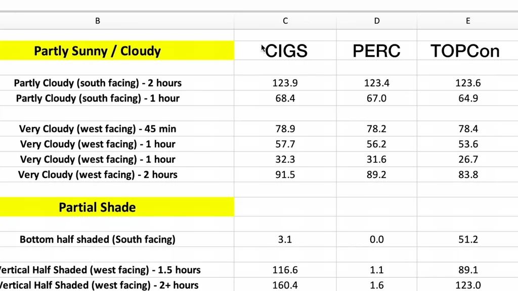 Spreadsheet comparing solar panel performance
