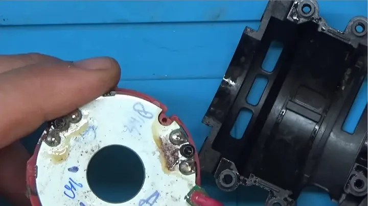 Close-up view of motor stator and undamaged Hall effect sensor PCB