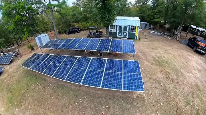 Aerial view of solar array and shed