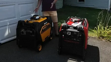 Side-by-side view of the Gidrox and Harbor Freight Predator generators parked on a driveway