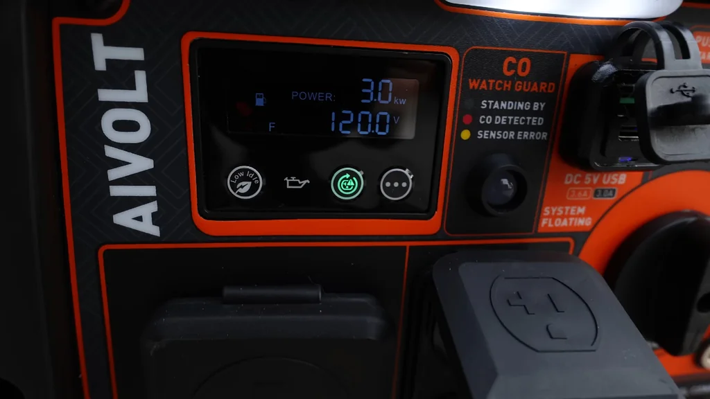 AIVOLT generator control panel display showing wattage