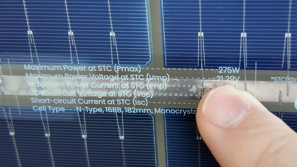 Close-up of solar panel specification label