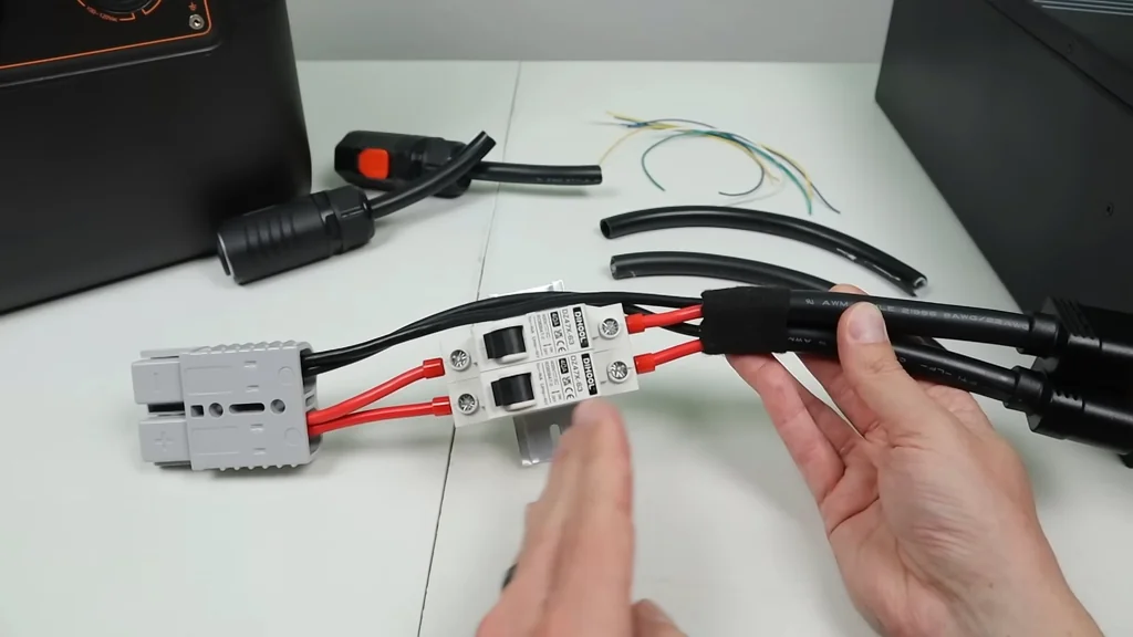 Custom cable assembly with DIN rail mounted breakers