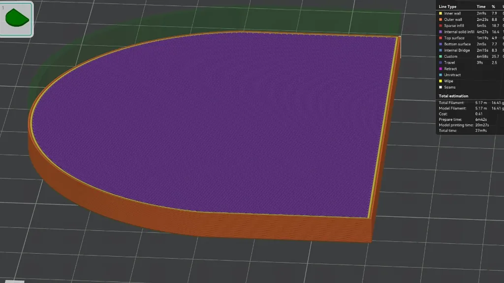 Slicer preview showing layer time analysis