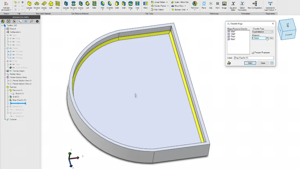 CAD software interface showing chamfer application