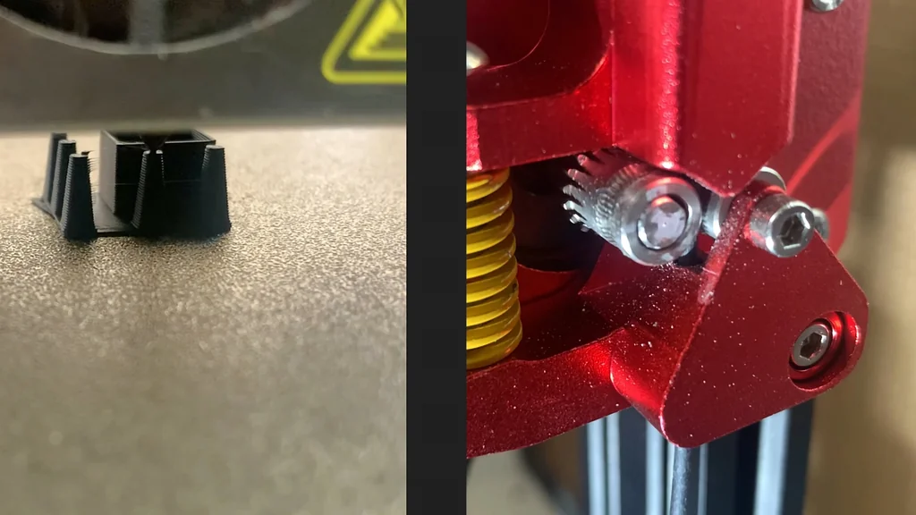 Stringing test print and extruder gear
