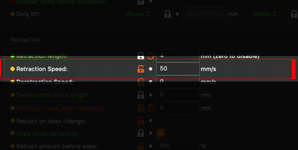 Slicer software retraction speed setting