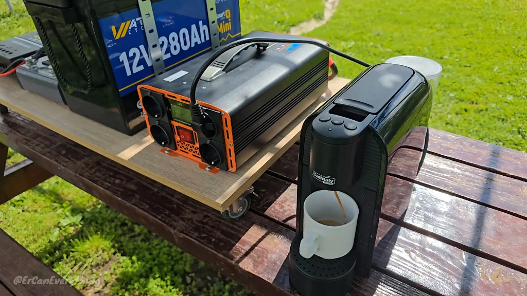 Coffee machine powered by battery and inverter outdoors