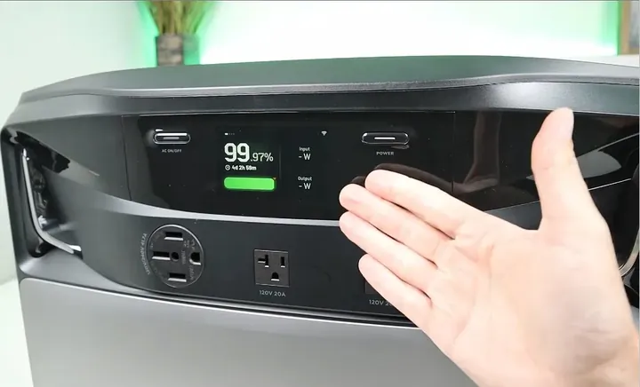 Close-up of the EcoFlow Titan 5000 Plus front panel, showing AC outlets and display.