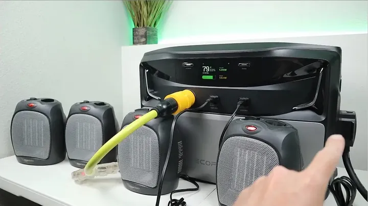 Sharp frame showing the EcoFlow Titan 5000 Plus display indicating current load and charging status, with an adjustable DC power supply connected.