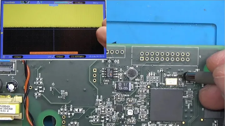 Oscilloscope displaying the measured frequency waveform from the crystal