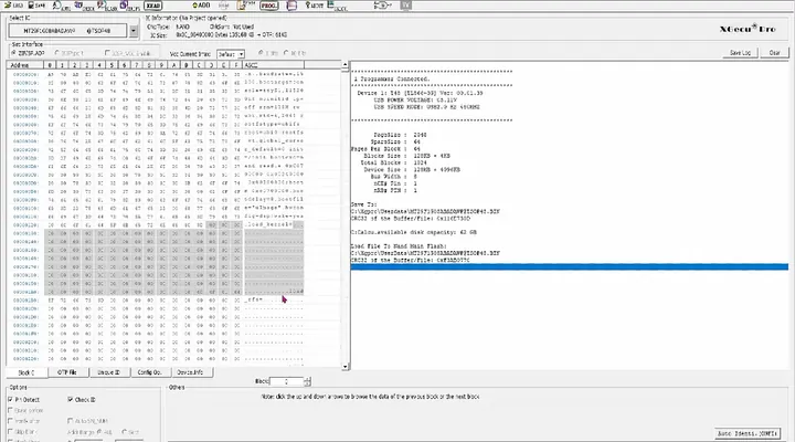 Software interface showing the flash memory hex dump with zeroed blocks
