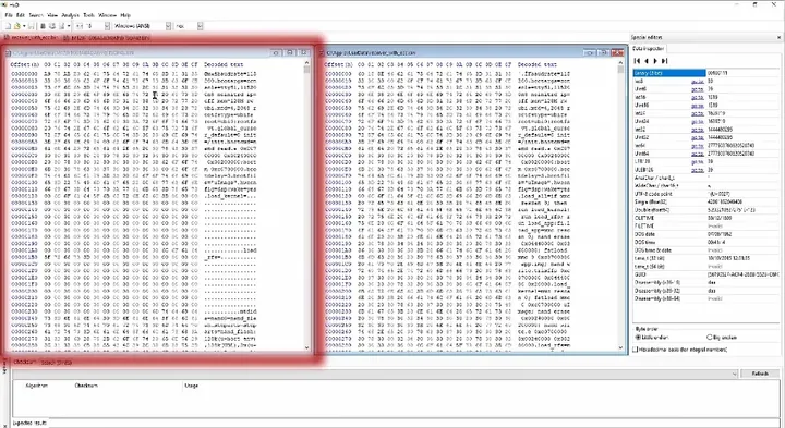 Hexadecimal editor tool displaying the flash memory comparison