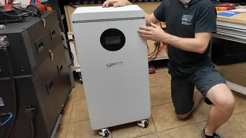 Close-up of heavy-duty caster wheels and leveling feet on the battery base